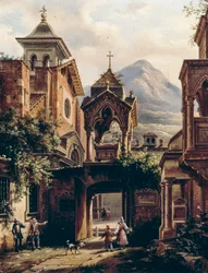 Muinaisen luostarin ulkokuori henkilöineen, kirjoittanut Giovanni Migliara (1785-1837) (allekirjoitettu Teodolinda Migliara), öljy levylle