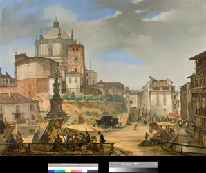 Näkymä piazza della vetralle Milanossa, Italiassa (näkymä piazza della Vetralle Milanossa) Giovanni Migliaran (1801-1867) maalaus 1833 Yksityinen kokoelma