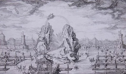 Ilotulitus Dauphinin syntymän (Ludvix XV:n pojan) kunniaksi, kaiverrus Jean Dumont (Le Romain) (1701-81) 1730 (etsaus)
