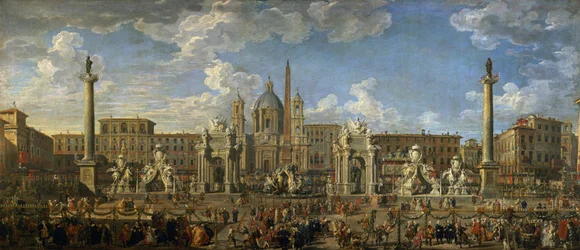 Valmistautuminen ilotulitusnäytökseen, joka pidettiin Piazza Navonalla Roomassa Dauphinin syntymän kunniaksi vuonna 1729