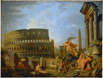 Colosseum ja Konstantinuksen kaari ja allegoria Rooman valtakunnan rappiosta ... (maalaus kankaalle)
