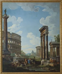 Capriccio, jossa on hahmoja roomalaisissa raunioissa, mukaan lukien Konstantinuksen kaari ja Pantheon, Colosseum ja Trajanuksen pylväs (Trajanuksen pylväs tai Colonna Traiana) - Giovanni Paolo Paninin (Pannini) (1691-1765) maalaus, öljy kankaalle, 2108. x1
