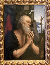 Pyhän Hieromuksen katuvaisuus. Giovanni Pedrinin tai Giovan Pietro Rizzin tai Gian Pietro Rizzolin maalaus, joka tunnetaan nimellä Giampietrino (toiminut 1495-1549), öljy puulle, italialainen taide, Leonard de Vincin (1452-1519) seurueelta, renessanssi. Ku