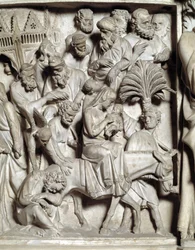 Yksityiskohta Giovanni Pisanon (1248-1314) tuolin reliefeistä: Yksityiskohta marmorisaarnatuolien reliefeistä, lento Egyptiin 1302-1311 Cathedrale de Pisa (Duomo di Pisa), Italia