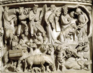 Yksityiskohta Giovanni Pisanon (1248-1314) toteuttamista tuolin reliefeistä: tieteiden matka ja palvonta (Yksityiskohta marmorisaarnatuolien reliefeistä, maagien matkasta ja palvonnasta) 1302-1311 Pisan katedraali (Duomo di Pisa), Italia