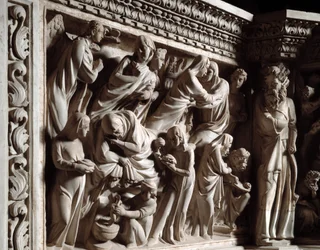 Yksityiskohta Giovanni Pisanon (1248-1314) toteuttamista tuolin kohokuvioista: Johannes Kastajan julistus, vierailu ja syntymä (Yksityiskohta marmorisaarnatuolien reliefeistä, julistus, vierailu ja Pyhän Johannes Kastajan syntymä) 1302 -1311 Cath