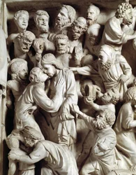 Yksityiskohta Giovanni Pisanon (1248-1314) toteuttaman saarnastuolin reliefeistä: Juudaksen suudelma (yksityiskohta marmorisen saarnastuolin reliefeistä, Juudaksen suudelma), 1302-1311. Pisan katedraali (Duomo di Pisa), Italia