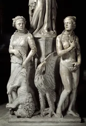Yksityiskohta Giovanni Pisanon (1248-1314) tuolia tukevista veistoksista: kaksi keskeistä hyvettä (Marmorisaarnatuolia tukevien veistosten yksityiskohdat, kaksi päähyvettä) 1302-1311 Pisan katedraali (Duomo di Pisa), Italia