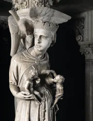 Yksityiskohta Giovanni Pisanon (1248-1314) tuolia tukevista veistoksista: kirkko ruokkimassa lapsiaan (Yksityiskohta marmorista saarnatuolia tukevista veistosista, kirkko ruokkii lapsiaan) 1302-1311 Pisan katedraali (Duomo di Pis)