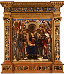 Pala Oliva. Madonna ja lapsi valtaistuimelle pyhien Yrjön, Franciscus Assisilaisen välillä…, 1489.