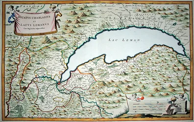 Genevenjärvi Savoijin ja Piemonten kaksikirjaisesta kaupunkikirjasta, kaivertaja Joannes de Broen (1649-c.1730).