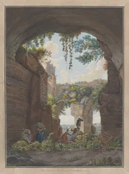 Caracallan kylpylöiden sisätilat, n. 1780. Tekijät: Giovanni Volpato, Louis Ducros.