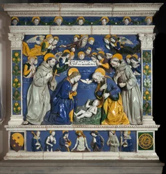 Syntymä Pyhän Francois Assisilaisen ja Pyhän Anthony Padovalaisen kanssa (san antonio di padova) Edustaa Pyhää Kolminaisuutta Jumalan, Jeesuksen Kristuksen ja Pyhän Hengen kyyhkysen kanssa. Giovanni della Robbian (1469-1529) korkeakohokeramiikka noin 1485 