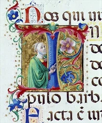 Ms 542 f.44v Historioitu alkukirjain "I", joka kuvaa miespyhimystä psalterista, jonka on kirjoittanut Don Appiano Badia Fiorentinan kirkosta Firenzestä