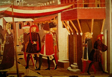 Adimari Cassonen etuosa, yksityiskohta oikeanpuoleisesta paneelista, n. 1450 (tempera paneelissa) (yksityiskohta 166335, katso myös 80304)