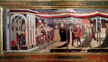 Renaissance-hääseremonia Yksityiskohta paneelin vasemmasta osasta, joka koristaa Cassone Adimaria. Hääkohtaus Piazza del Duomolla (Plaza de la Cathedrale Santa Maria del Fiore). Muusikot istuvat lavalla soittaen trumpettia, pasuunaa ja lyömäsoittimia
