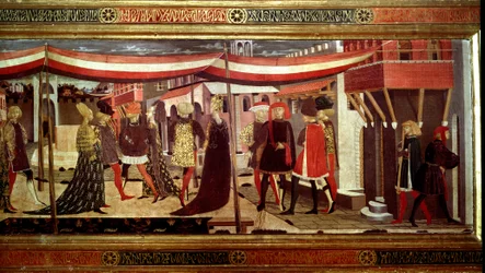Renaissance-hääseremonia Yksityiskohta paneelin vasemmasta osasta, joka koristaa Cassone Adimaria. Hääkohtaus Piazza del Duomolla (Plaza de la Cathedrale Santa Maria del Fiore). Kortegessa olevat parit etenevät katoksen alla. Maalaus Giovanni di Ser G