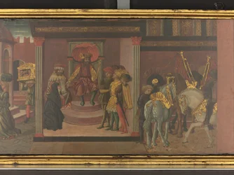 Trajanuksen ja lesken tarina, yksityiskohta cassone-taulusta, noin 1450 (tempera paneelille).