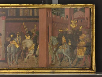 Trajanuksen ja lesken tarina, yksityiskohta cassone-taulusta, noin 1450 (tempera paneelille).