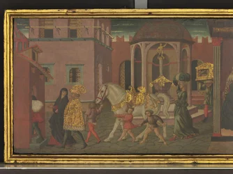 Trajanuksen ja lesken tarina, yksityiskohta cassone-taulusta, noin 1450 (tempera paneelille).