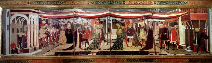 Hääseremoniassa renessanssipaneeli koristaa Cassone Adimaria. Hääkohtaus Katedraaliaukiolla (Plaza de la Cathedrale Santa Maria del Fiore). Kortegessa olevat parit etenevät katoksen alla. Ser Giovanni Scheggian Giovannin maalaus (1406-