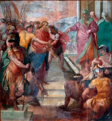 Kristus johdatetaan Kaifuksen eteen Yksityiskohta yhdestä Girolamo Massein (1540-1614) 1594-1600 Rooma, Santa Prassede tekemästä Kristuksen kärsimystä kuvaavasta freskosta