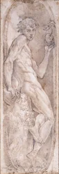 Adam pitelee omenaa, istuu medaljonissa, n. 1547-1553