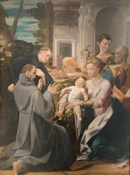 Pyhä perhe pyhän Anthony Padovalaisen, pyhän Franciscus Assisilaisen ja evankelista pyhän Johannes Girolamo Mazzola Bedolin kanssa