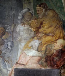 Nebukadnessar, yksityiskohta Danielin kolmen seuralaisen ihmeestä, Girolamo Romaninon fresko (n. 1484-1562 jälkeen), yksityiskohta Pyhän Antoniuksen Abbotin kirkon oikeasta seinästä, Breno. Italia