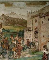 Bartolomeo Colleonin ja kuningas Kristianin paluu Malpagaan metsästysseuran jälkeen (fresko).