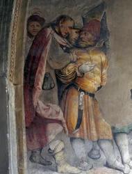 Kaksi miestä keskustelemassa keskenään, yksityiskohta Girolamo Romaninon fresosta (noin 1484-1562 jälkeen), Brenon Pyhän Antoniuksen Abbotin kirkon presbyterian vasen seinä. Italia