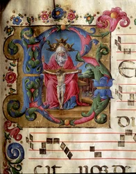 Lettrine B decoree edustaa Pyhää Kolminaisuutta (Armon valtaistuinta) Jumalaa, Jeesusta Kristusta ja Pyhän Hengen kyyhkystä (Pyhä Henki). Girolamo da Cremonan miniatyyri (toimii noin 1451-1483) kuorosta (Cod. 10/L. n. 81v) Sienan katedraalista. 15t