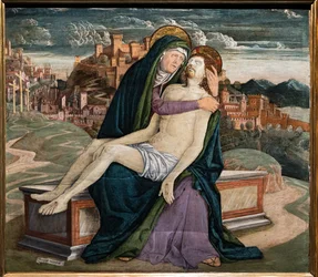 Lamentació, de Gerolamo da Treviso el Vell, c.1495-7. Al fons un poble fortificat que podria representar un poble venecià com Soave o Marostica.finnès