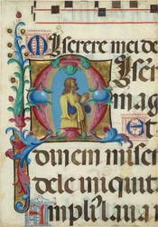 Käsikirjoitusilluminaatio, jossa Daavid rukoilee M-alkukirjaimessa, psalttarista, italialainen, 1501-2.