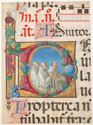 Käsikirjoituksen valaistus laulavien munkkien kanssa alkukirjaimessa D, psalterista, 1501-2.