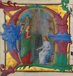 Käsikirjoituskuvitus, jossa pyhät naiset ovat haudalla A-alkukirjaimessa..., italialainen, noin 1490-1500.