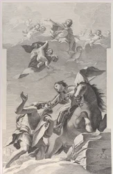 Pyhä Martin, hevosen selässä antamassa viittansa kerjäläiselle..., 1760-1800.