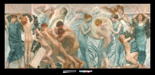Diptyykki: juhla (la sagra) - Giulio Aristide Sartorion (1860-1932) maalaus 1906 Dim 180,5 x 398,5 cm Yksityiskokoelma (Diptyykki, Giulio Aristide Sartorion maalaus Yksityiskokoelma)