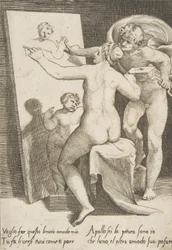 Apollo seisoo naisen vieressä, joka edustaa maalausallegoriaa, elokuvasta The Loves..., 1531-60.