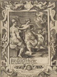 Athena istuu lähellä Junoa, joka on vienyt pois Cupidon nuolet, asetettu taidokkaaseen kehykseen..., 1531-76.