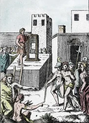 Kuolemanrangaistus: kuolemantuomion täytäntöönpano giljotiinin (kone a decollation) esi-isän kanssa Italiassa nimeltä Mannaia ja suunnitellut Achille Bocchi, vuonna 1555." Kaiverrus Giulio Buonasone (Bonasone) (1498-1574) Manna