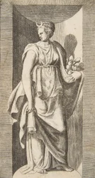 Diana pitelee hedelmiä vasemmassa kädessään ja seisoo markkinaraon sisällä, n. 1531-76.