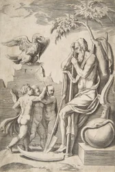 Oikealla Isä Aika viikateeseen nojaten, kolme alastomia poikaa ja kotka vasemmalla, 1..., 1531-76.
