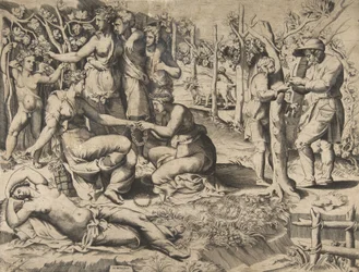 Flora keskellä jakaa seppeleen toiselle naiselle, muiden viikunoiden ympäröimänä, 1500-luvun puoliväli.