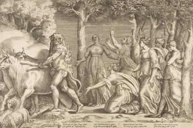 Herkules ajamassa pois Geryonin karjaa, oikealla ovat Hesperidien nymfit, ..., 1531-76.