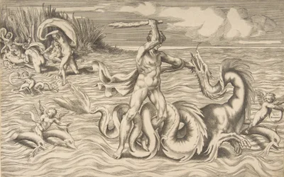 Herkules taistelee lohikäärmettä vastaan keskellä, Achelous kantaa Deianeiran ylhäällä vasemmalla, 1531-76.