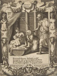 Juno taivuttelee Athenen hoitamaan nuorta Herkulesta, sijoittuu monimutkaisiin kehyksiin..., 1531-76.