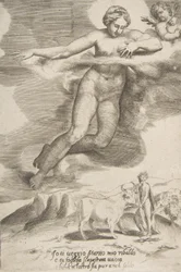 Juno katsomassa Jupiteria ja Ioa elokuvista The Loves of the Gods, 1531-60.