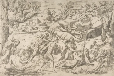Mars ja Rhea Silvia: keskellä Marsilla on kilpi ja miekka, Rhea Silvia nukkuu..., n. 1531-76.