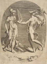 Merkurius esittelee pannupilliä Minervalle, joka seisoo vasemmalla, soikea sävellys, 1531-76.
